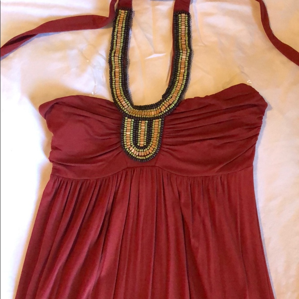 Strapless maxi dress with bead work on collar